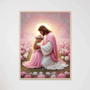 Quadro Decorativo Jesus Cristo e a Menina Flores Rosa Rezando Orando Quarto Infantil