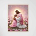 Ver imagem 1 de Quadro Decorativo Jesus Cristo e a Menina Flores Rosa Rezando Orando Quarto Infantil