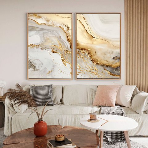 Quadro Decorativo Luxo Branco e Dourado em 2 Telas Canvas Tacolado Moldura Flutuante 4,5cm Madeira 8