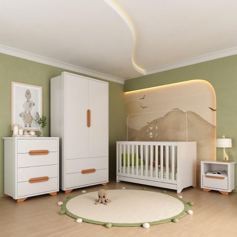 Quarto de Bebê Completo com Berço 3 em 1 para Colchão 130x60cm Multimóveis Mp4399 Branco Natural