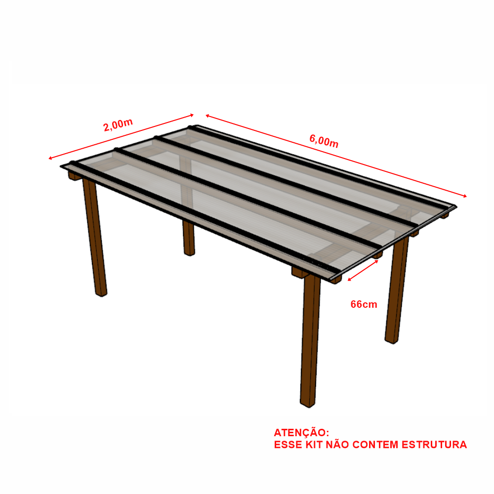 Cobertura Policarbonato Alveolar 2,00m x 6,00m - Cristal 6mm - 2