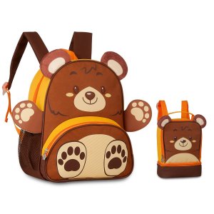 MOCHILA E LANCHEIRA KIT ESCOLAR INFANTIL LEÃOZINHO URSINHO:Marrom