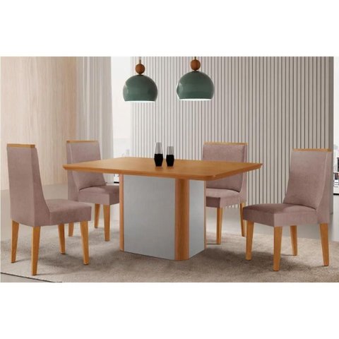 Sala Jantar Mesa Pietá Tampo Curvo 120cm+4 Cadeiras Dakota Madeira Naturale/off White - Capuccino/