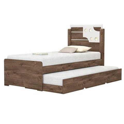 Cama Solteiro Bibox com Auxiliar Luiza Castanho/Off White Vitamov