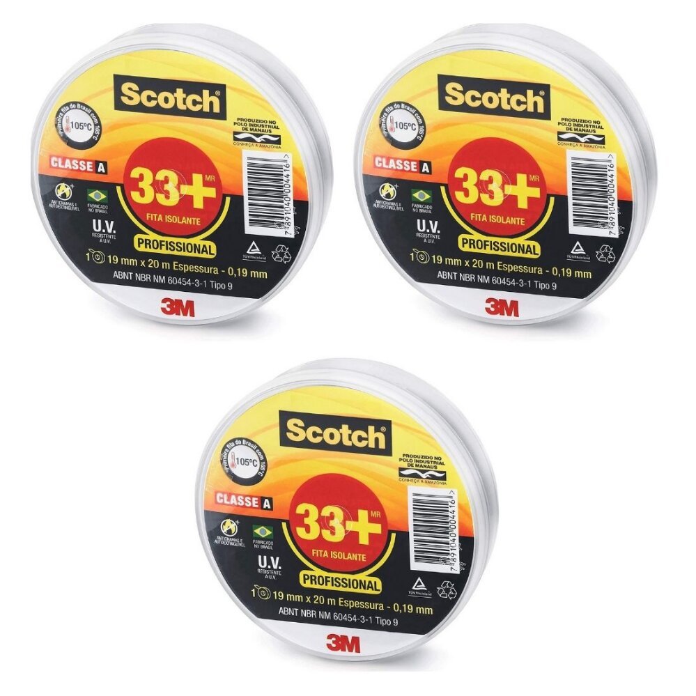 Kit Fita Isolante 33+ 3m Scotch 19mm X 20 Metros Preta 3 Unidades - 1
