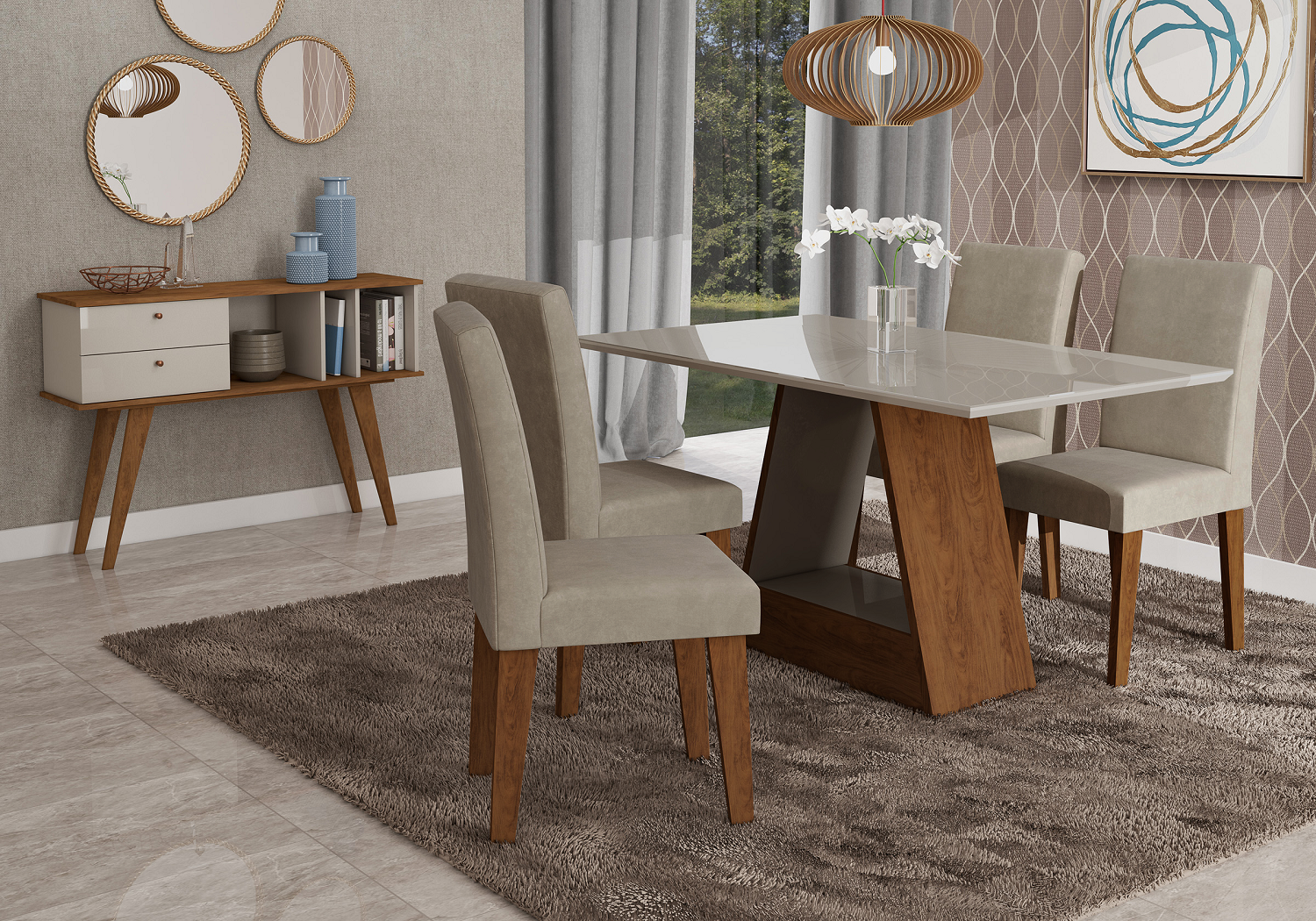 Conjunto Sala de Jantar Mesa Tampo de Vidro Retangular Alana 4