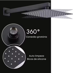 Ducha Chuveiro Gás Solar Slim20x20 de Teto Quadrado Preto Fosco Black Matte Banheiro Metal Premium P - 2