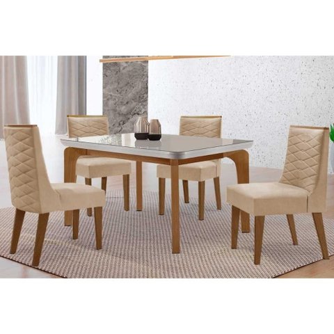 Conjunto: Mesa Sala Jantar Londrina Tampo c/ Vidro Curvo 120cm 4 Cadeiras Dafne Madeira Naturale/Off