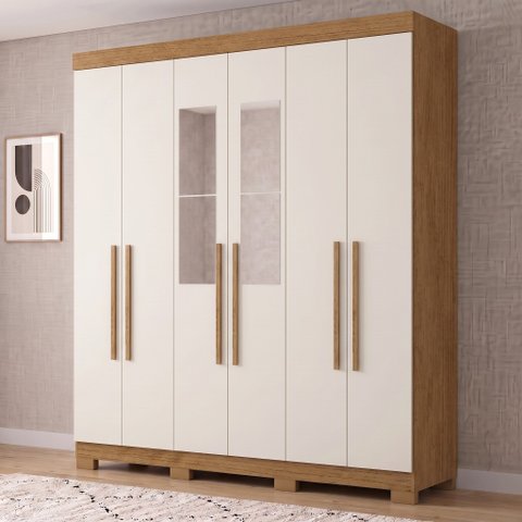 Guarda-Roupa Casal 6 Portas, 2 Gavetas, Pés e Espelho Noronha Cinamomo/Off White