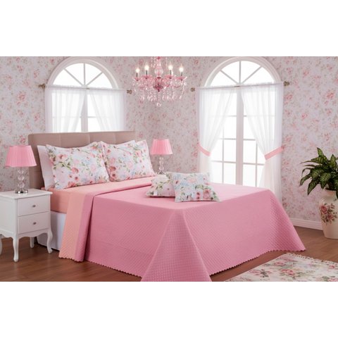 Kit 6 Pçs Cobreleito Casal Padrão Provence Matelassê com Lençol Elástico Buquê Rosa