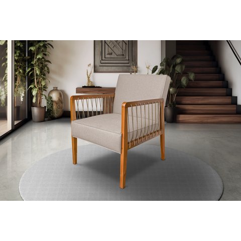 Poltrona Maia em Linho com Base Madeira Corda Náutica Linho Areia Bz Home Decor