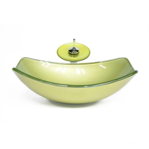 CUBA DE VIDRO OVAL CHANFRADA 51CM VERDE OLIVA + VALVULA + TORNEIRA CASCATA