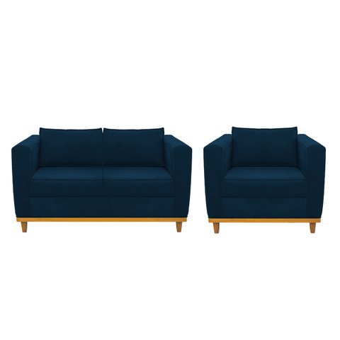 Kit Sofá 2 Lugares e Poltrona Europa Suede Azul Marinho Doce Sonho Móveis