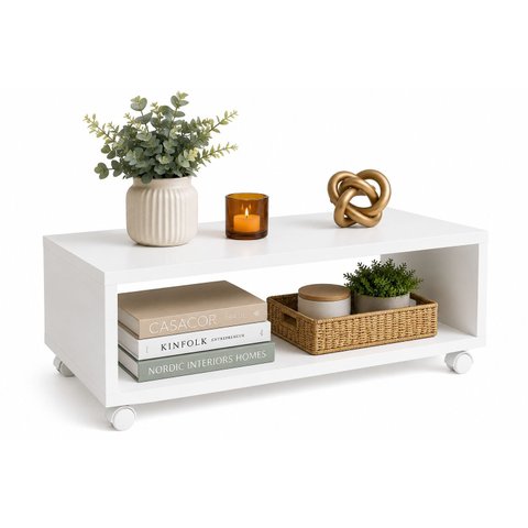 Mesa de Centro Baixa Decorativa Branco com Rodizios