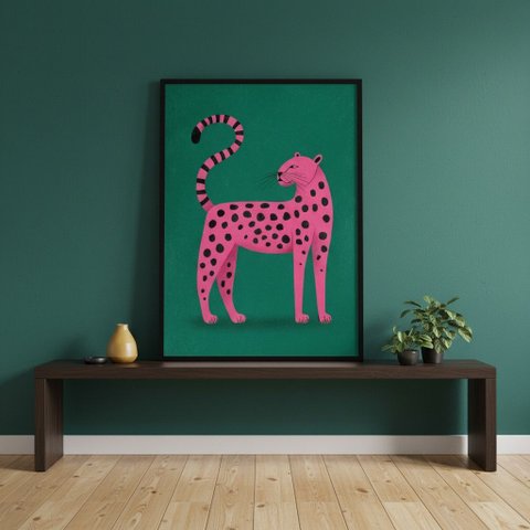 Quadro Leopardo Artístico Rosa e Verde- 70x50cm Mold Preta