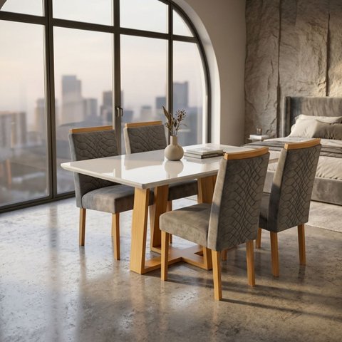Jogo de Mesa de Jantar 1,20m Pedro Art com 4 Cadeiras - Cinza Aveludado
