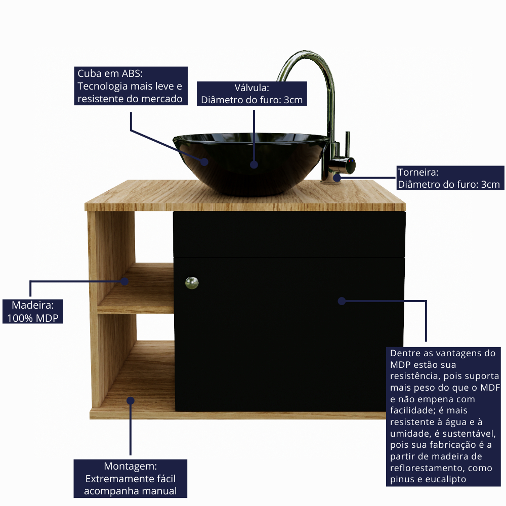 Gabinete para Banheiro 60cm com Cuba e Espelho Suspenso - 5