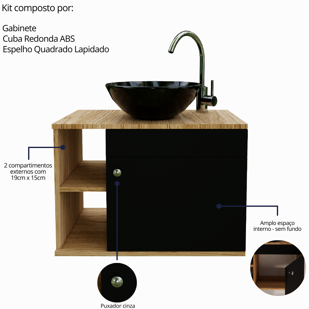 Gabinete para Banheiro 60cm com Cuba e Espelho Suspenso - 4