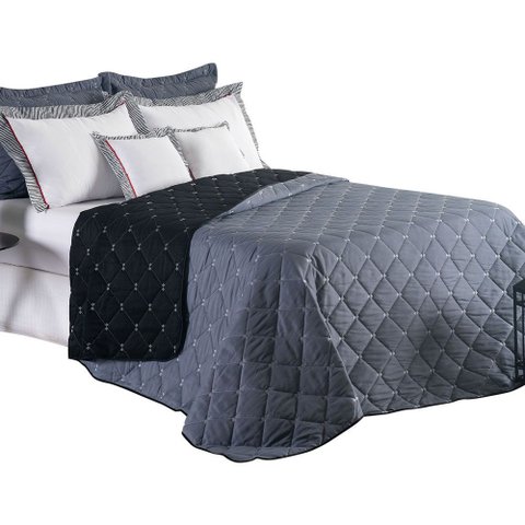 Kit 7 Pçs Cobre Leito Casal Queen Renove Hipercal 400 Fios Dupla Face Bordado: Cinza e Preto