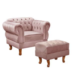 Conjunto Poltrona e Puff Chesterfield Elisabeth Encanto Veludo Rosa