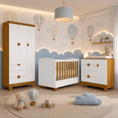 Quarto Apolo para Bebê 100% MDF Roupeiro 3 Portas Cômoda Sapateira e Berço 2 em 1 Espresso Móveis