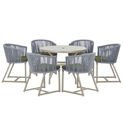 Mesa com 6 Cadeiras de Jantar Roma 120cm e Noronha em Alumínio Fendi Corda Náutica Estofado 13 Trama