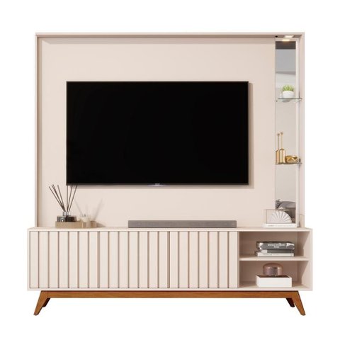 Home Estante Açaí 1.8 com Led Sala para Tv até 75 com Espelho Off White