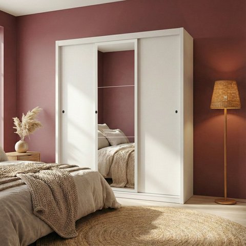 Guarda-Roupa Casal 3 Portas 4 Gavetas c/Espelho Branco