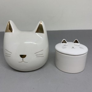 Kit Cofre e potiche gatinho branco e dourado