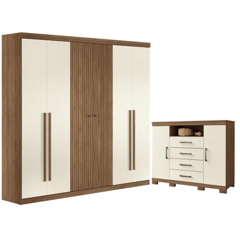 Guarda Roupa Casal Ripado 6 Portas Buriti e Cômoda Havana Master com Pés Jatobá Areia Acetinado