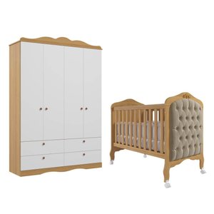 Quarto de Bebê 2 peças 4 Portas com Capitonê Permóbili Harmonia Encanto - Nature/Branco