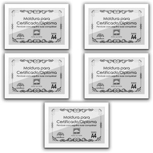 Kit 5 Certificados Diplomas A4 com Tela de Acetato e MDF - Moldura Branca