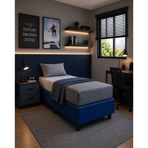 Base Box para Cama Juvenil Dobrável Suede 188x78cm Bipartido - Azul