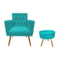 Ver imagem 1 de Kit Poltrona Decorativa Nina Capitonê + Puff Redondo Suede Azul Tifany Pés Madeira Ms Decor