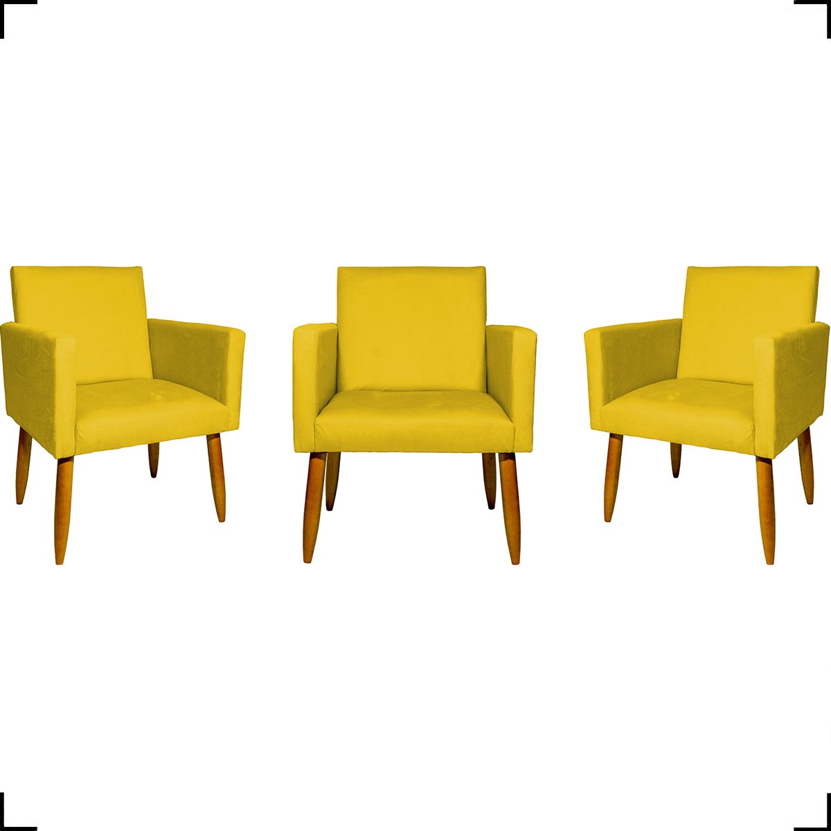 Kit 03 Poltronas Decorativas Para Sala Cadeiras Reforçadas Para Sala De Espera Suede Amarelo