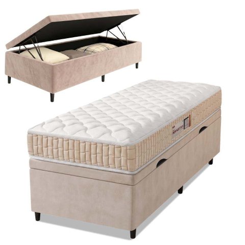 Cama Box Baú Colchão Solteiro Espuma D33 New Millenium 88x188x60cm Branco / Bege Hellen