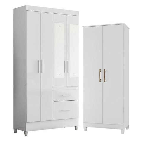 Guarda Roupa Solteiro Madri com Espelho e Armário Multiuso Jade Branco Brilho – Moval