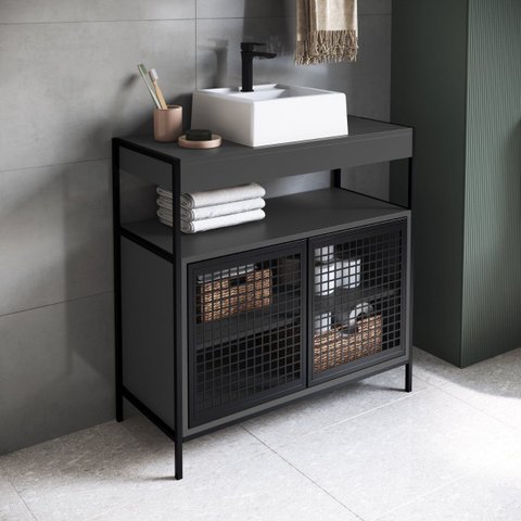Armário Gabinete para Banheiro Grade Industrial com Cuba Branca Grafite