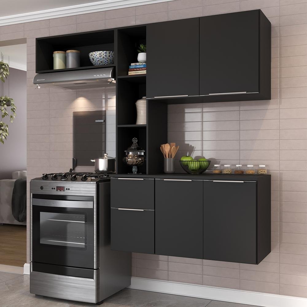 Cozinha Compacta com Armário e Balcão Mp2002 Sofia Multimóveis Preta