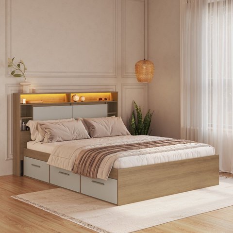 Cama de Casal Queen com 6 Gavetas Cabeceira com Organizador e Ilunimação em LED Genebra
