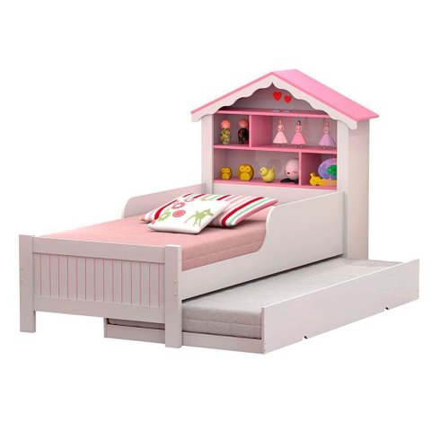 Bicama Solteiro Menina Casa de Princesa Infantil Branco Rosa