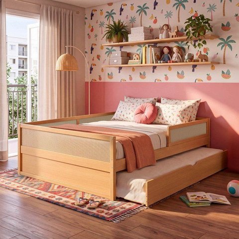 Cama Casal com Grades de Proteção e Cama Auxiliar Magna Kids Casatema MadeiraOriginals Marrom