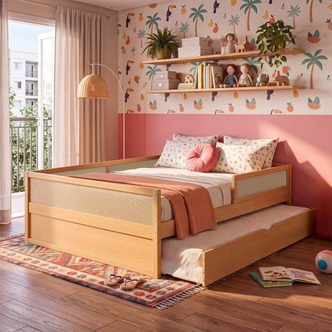 Cama Infantil Casal com Grades e Cama Auxiliar Madeira Maciça Magna Kids Casatema MadeiraOriginals