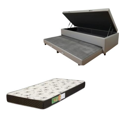 Cama Box Baú Solteiro com Auxiliar (Bicama) + Colchão Solteiro Espuma D20 12cm | Kit Completo com Ca