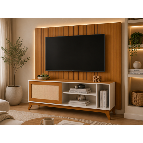 Rack Bancada para TV até 55 Polegadas 1,36m 1 Porta com Tela Rattan Off White/Cedro Caribe Edn