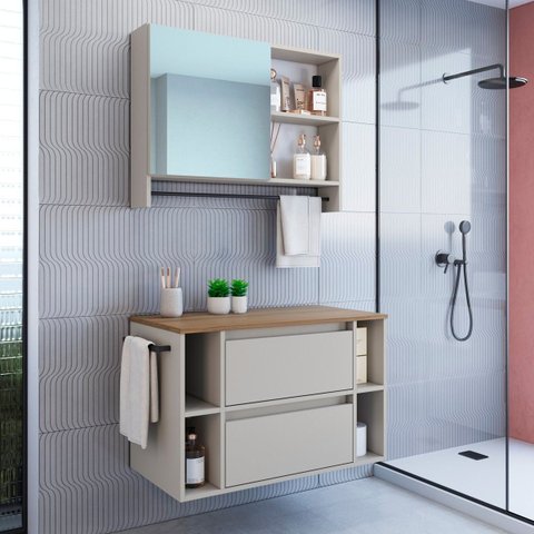 Conjunto Banheiro Gabinete 80cm e Espelheira Mel/arenas Cj8010