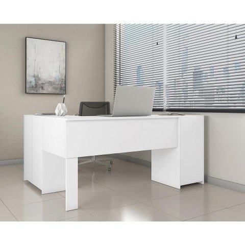 Conjunto Para Escritório 2 Peças com Escrivaninha em L e Armário Multiuso 4 portas Branco Notá