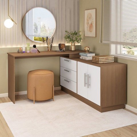 Cômoda com Penteadeira com 3 Gavetas e 2 Portas American Marrom/Freijó com Branco