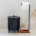 Ver imagem 2 de Kit Lixeira 6l e Porta Papel Higiênico Eleganza Metal Preto e Madeira - Pallazio