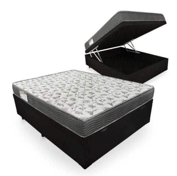 Cama Box Baú Queen 158 Tecido Sintético Preto com Colchão de Espuma - D33 Ortobom Iso 100 60x158x198 - 1